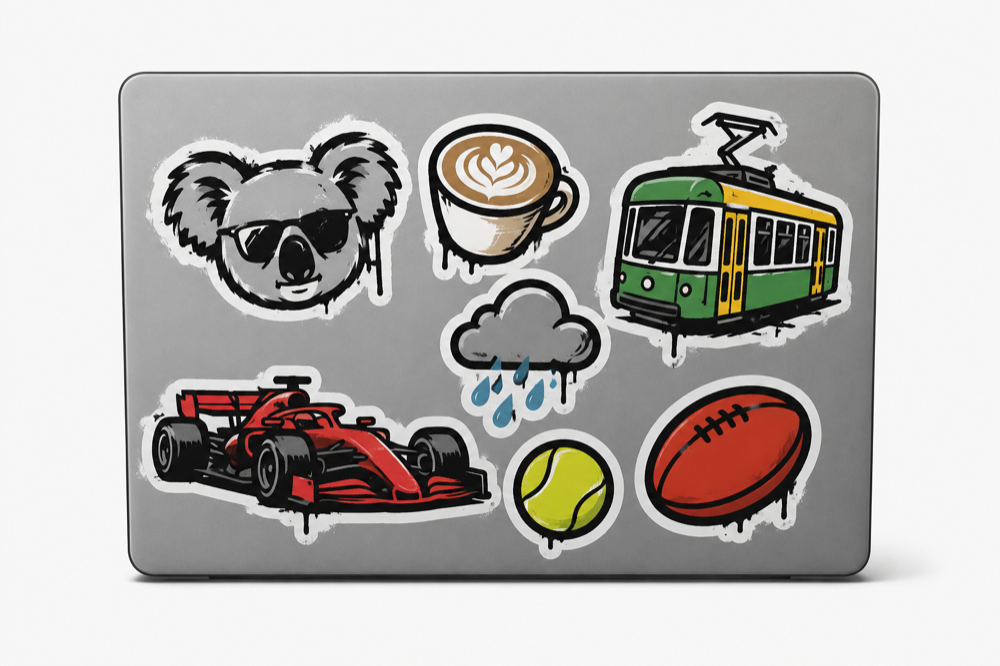 A laptop decorated with Melbourne-themed stickers, including a koala, coffee, tram, Formula 1 car, rain cloud, tennis ball, and football